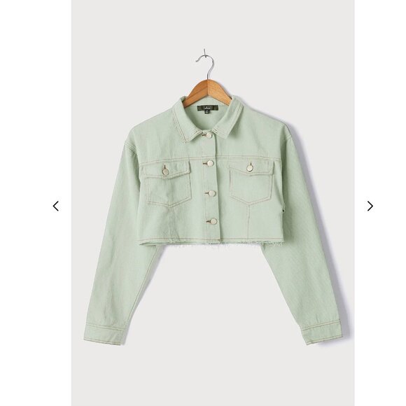 Lulu's | Palling Around Sage Green Cropped Denim Jacket L - Picture 5 of 7